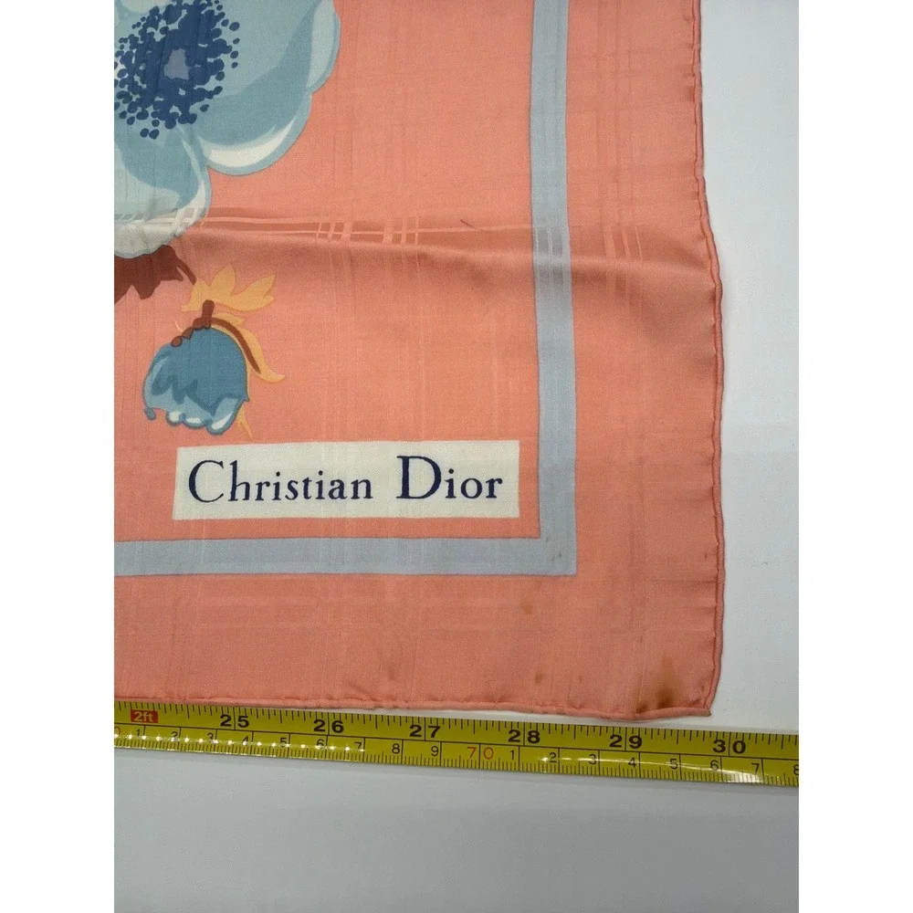 Christian Dior Vintage Silk Scarf Coral Pink Blue Floral Plaid‎ Jacquard 30x30